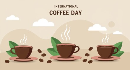 Obraz premium Flat Style Coffee Cup Illustration with Beans and Leaves for International Coffee Day 
