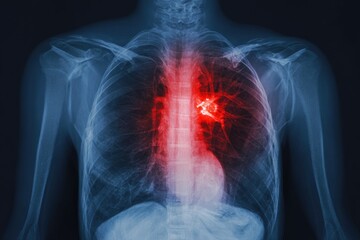 Chest X-ray highlighting a possible lung abnormality.  Red-highlighted area suggests a potential mass or lesion