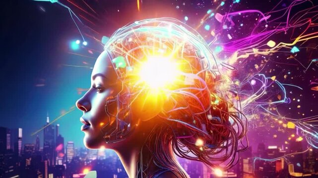 A futuristic cyberpunk-inspired portrait of a human head dramatically exploding into chaotic neon wires, glowing circuits, bright sparks, and fragmented data streams; cinematic sci-fi artwork