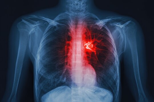 Chest X-ray highlighting a possible lung abnormality.  Red-highlighted area suggests a potential mass or lesion - Powered by Adobe
