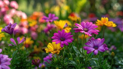 Fototapeta premium Vibrant garden scene with colorful flowers in bloom