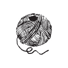 Yarn ball with thread in black brush stroke texture isolated on white. Hand drawn vector sketch illustration in vintage charcoal ink. Knitting element, sewing concept, package design, clothes