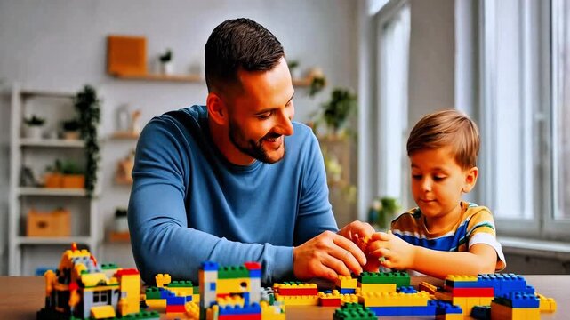 Happy father and son playing with constructor blocks together, building a toy house at home. Dad and child enjoying creative educational game for kids development. Family bonding and fatherhood.