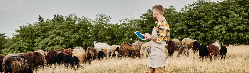 Modern farmer tending to sheep while using technology in the rural countryside