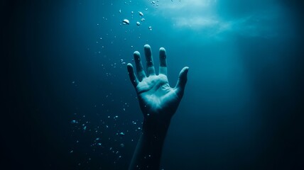 Hand reaching up from dark water towards light with air bubbles