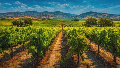 Panoramic vineyard landscape under a vibrant sky