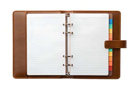 Open brown leather planner with blank lined pages and colorful tabs, isolated on a white background. Personal organizer for scheduling and note-taking.