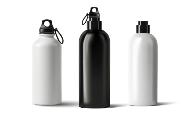 Reusable sports bottle set in white and black, realistic vector aluminum flasks with carabiner caps, isolated clean mockup for branding, camping gear, gym hydration, travel and eco product design