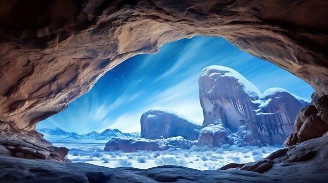 Milky Way arch painted in soft icy blue and white, stretching above the peaceful sandstone plateaus of Monument Valley, full panorama composition with great depth 