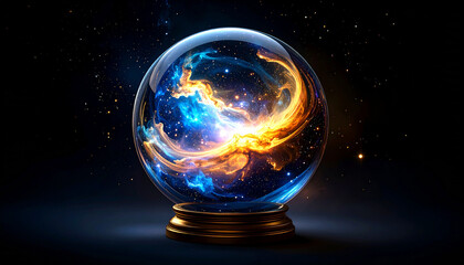 銀河を包んだ幻想的な水晶玉 – 星雲と星が輝く宇宙の球体
Crystal Ball with Galaxies and Nebula Clouds – Shimmering Cosmic Sphere