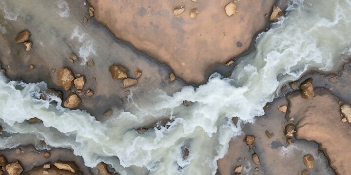 Aerial view of a clear river flowing over smooth colorful rocks and pebbles in a natural landscape