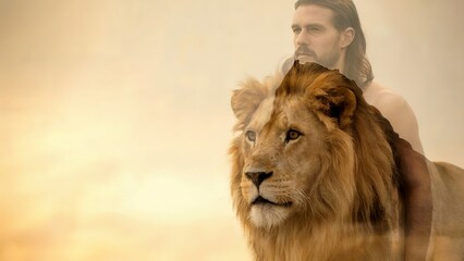 Obraz premium Man and lion double exposure symbolizing strength and duality