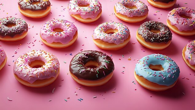 Colorful glazed donuts with sprinkles arranged in rows on pink background. Assorted frosted doughnuts including chocolate, vanilla and blue icing toppings for bakery display.