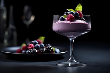 Creamy purple berry mousse garnished with fresh raspberries, blackberries and mint leaves served in elegant cocktail glass against dark background.