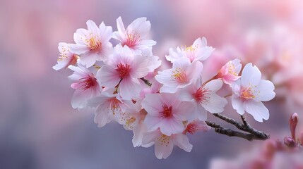 Fototapeta premium Delicate pink cherry blossoms in full bloom against soft blurred background, capturing spring awakening with gentle morning light and dreamy bokeh effect.