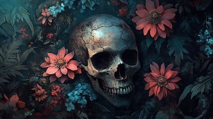 human skull among vibrant red and blue flowers in a dark setting. The contrast creates a visually striking image.