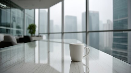 A modern office workspace with a marble desk, featuring a classic white ceramic coffee cup,