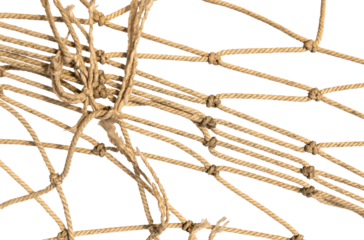 Torn Football or tennis net. Rope mesh on a white background close-up