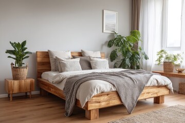 Fototapeta premium Modern bedroom interior with wooden bed