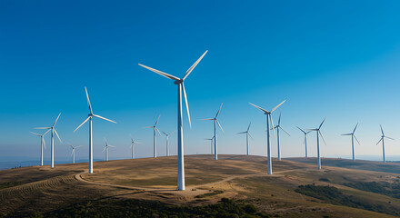 A scenic aerial view showcases numerous wind turbines generating clean energy on a sunny hillside.