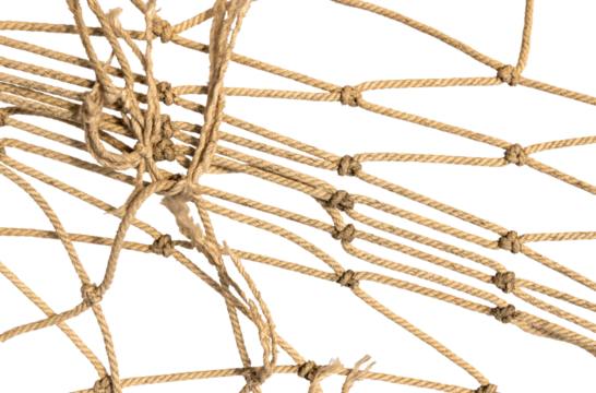 Torn Football or tennis net. Rope mesh on a white background close-up