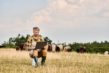 Modern farmer works on laptop amidst serene rural landscape and grazing livestock