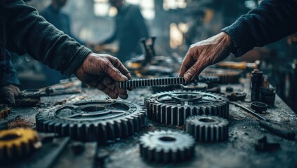 Close-up of hands inspecting gears