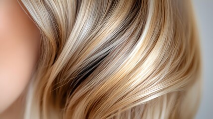 Naklejka premium Luxurious blonde hair highlights with smooth wavy texture showing professional balayage coloring technique and healthy shine. Close up of modern hairstyle trends.