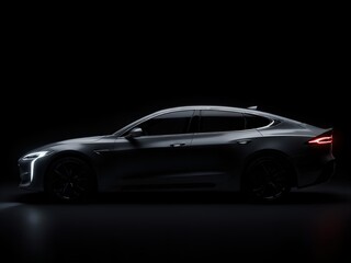A photorealistic side profile silhouette of a sleek, modern electric sedan against a pure black background.