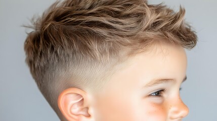 Young boy with trendy short haircut and freckles on face shown in profile view against light gray background, modern youth hairstyle and natural complexion.