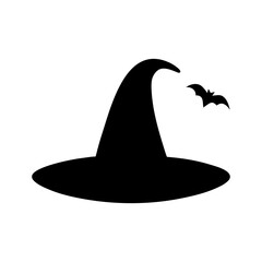 Fototapeta premium Minimal witch hat silhouette with tiny bat vector illustration on white background