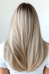 Naklejka premium Back view of long straight ash blonde hair with subtle highlights and layered cut, showcasing modern balayage coloring technique on white background.