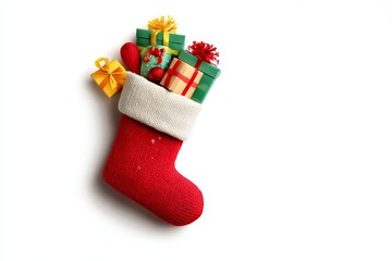 Colorful Christmas stocking filled with wrapped gifts and festive decorations displayed against a white background Generative AI