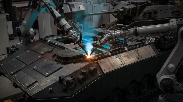 Robotic welding arms fuse thick armor plates for new generation infantry fighting vehicle in bright industrial workshop