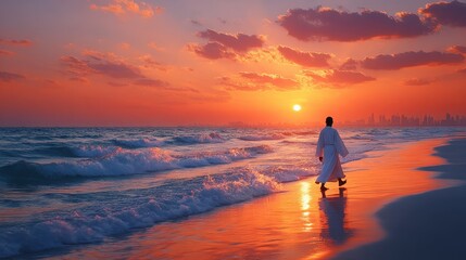Man Walking on Beach at Sunset with City Skyline in the Distance