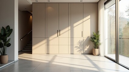 Sunlit, modern interior with beige walls, sliding doors, and plants.
