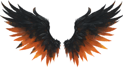 spooky orange glowing black demon wings isolated on white background, HD realistic