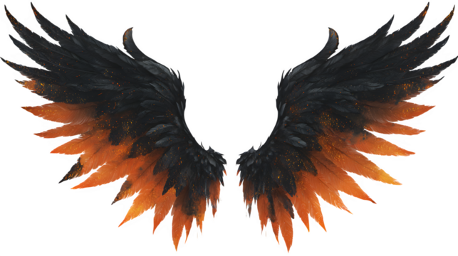 spooky orange glowing black demon wings isolated on white background, HD realistic