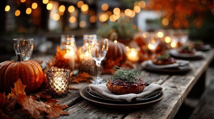 Autumn Thanksgiving Table Setting with Pumpkins, Candles, and Dinner Rolls