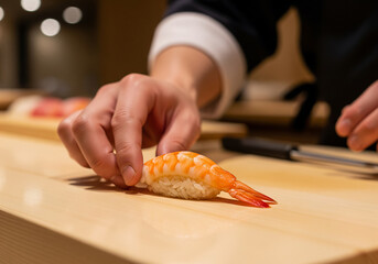 Obraz premium A Sushi Chef Preparing a Piece of Ebi Nigiri Sushi