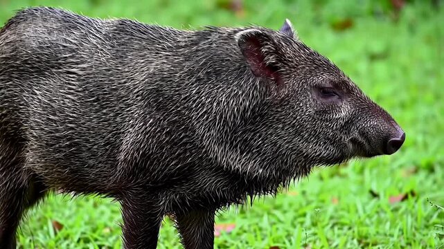 Wild peccary with dark fur standing in vibrant green grass, side profile shot of this forest animal
