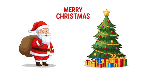 Cartoon vector illustration of Santa Claus and a Christmas tree decorated with gifts vector eps 10