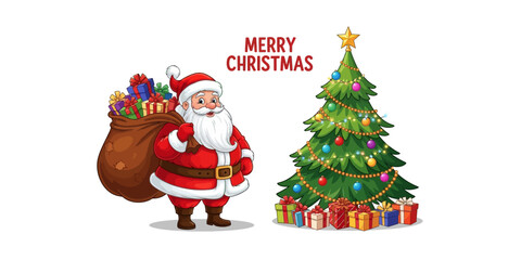 Cartoon vector illustration of Santa Claus and a Christmas tree decorated with gifts vector illustration