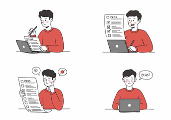 Young man at laptop creating and evaluating pros and cons lists, depicting decision-making, analysis, and the struggle to choose between options.