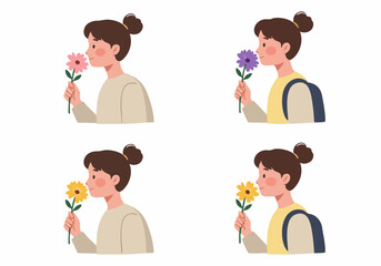 Young woman smelling flowers, a collection of flat illustrations depicting joy and appreciation for nature's simple beauty.