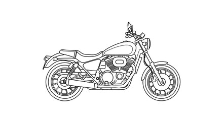 Detailed line art illustration of a custom motorcycle cruiser bike for coloring and design projects