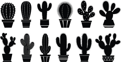 Black Silhouette Cactus Icon Set in Pots, Decorative Plant Vector for Modern Design, Home Decor, and Botanical Illustrations