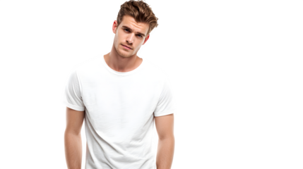 handsome young man in white t-shirt isolated on white background, HD realistic
