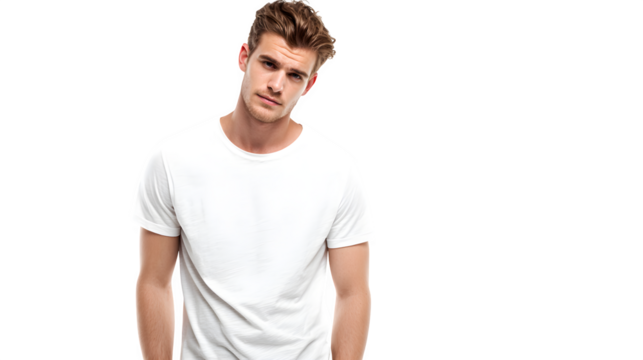 handsome young man in white t-shirt isolated on white background, HD realistic