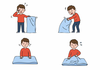 Young boy struggling with frustration and effort to fold a large blue blanket or sheet, illustrating the common challenge of household chores and difficult tasks for children.